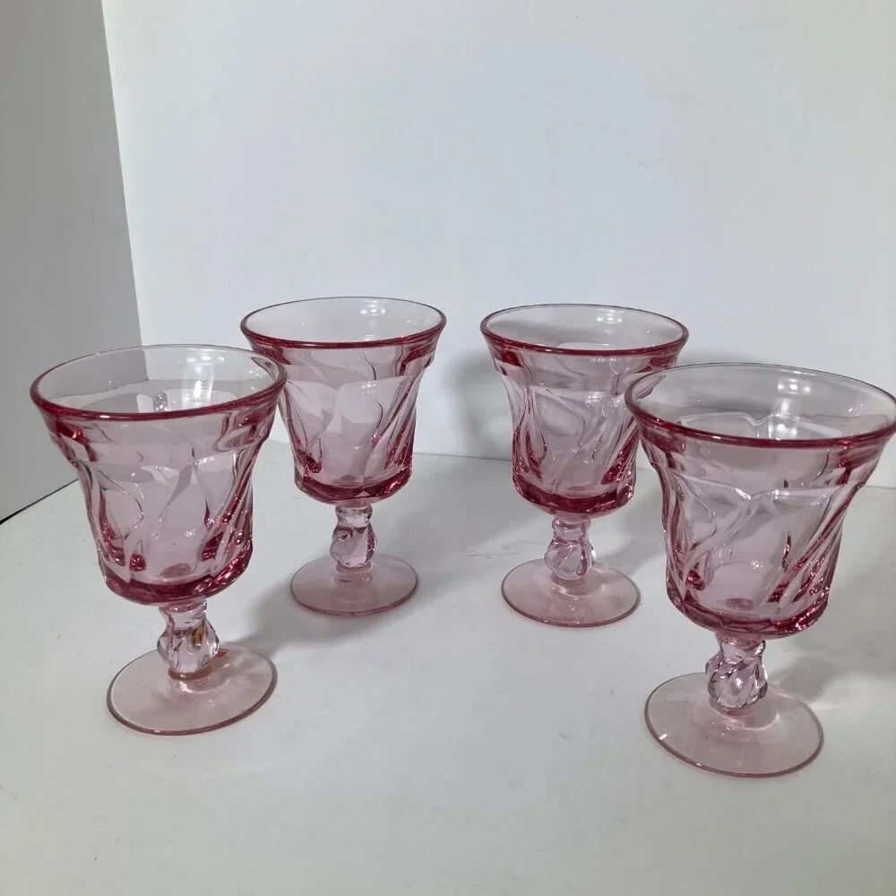 4- Fostoria Mid Century Jamestown Goblets Pink Swirl Twist Glasses 6
